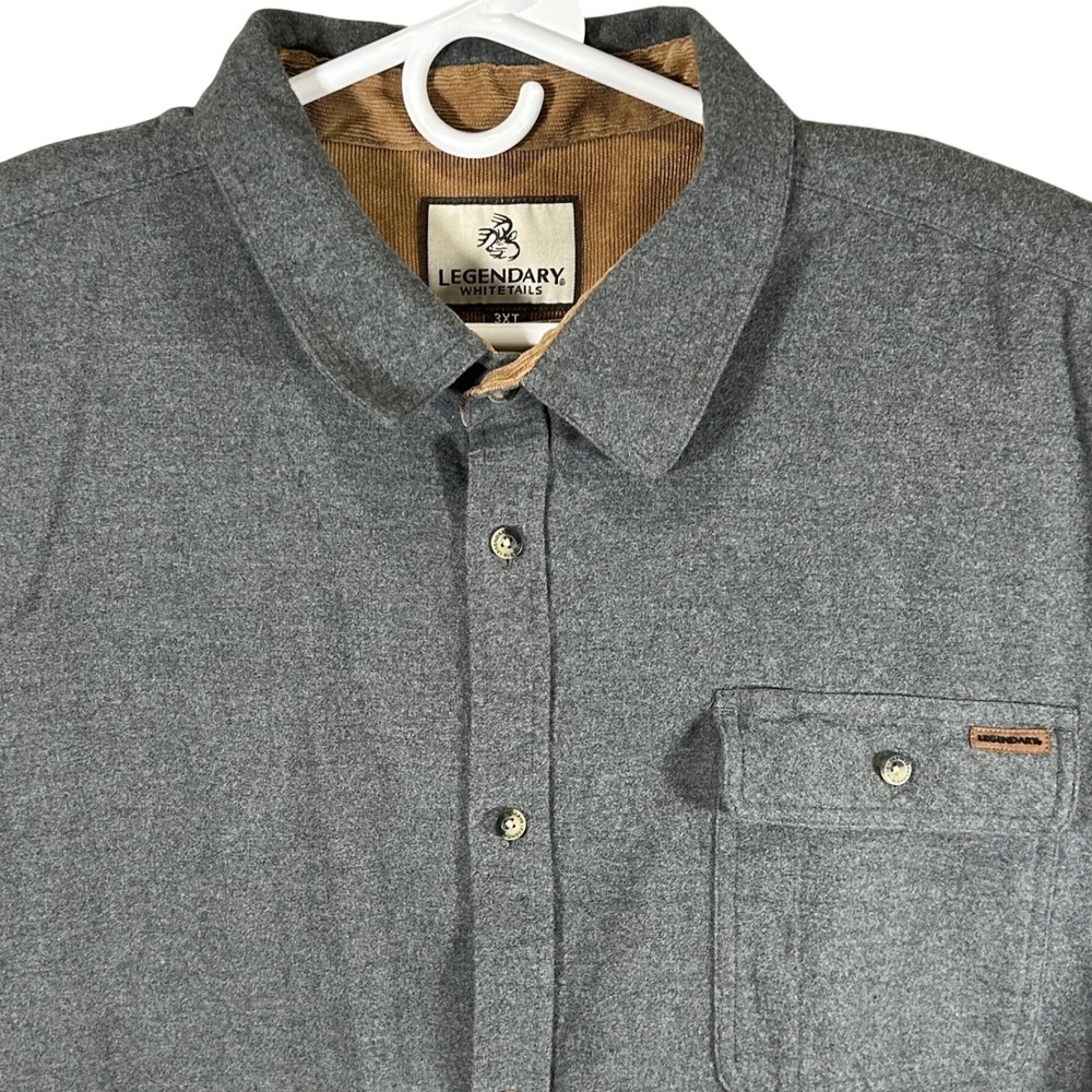 Legendary Whitetails Mens 3XT Grey Cotton Flannel Shirt Corduroy Trim‎ Tall EUC